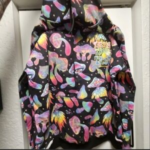 Men's Black Crewneck Hoodie with Neon Mushroom Print